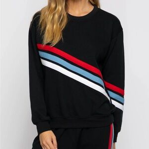 Black Crewneck Sweatshirt with Red, Light Blue & White Stripes